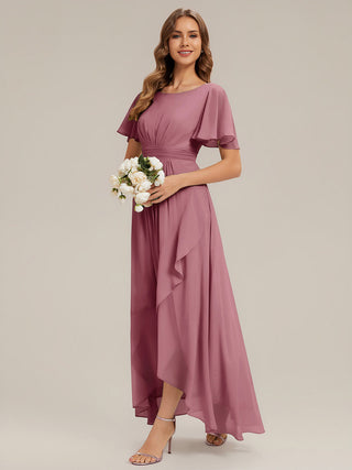 Short Sleeve Ruffle Round Neck High-Low Asymmetrical Bridesmaid Dresses