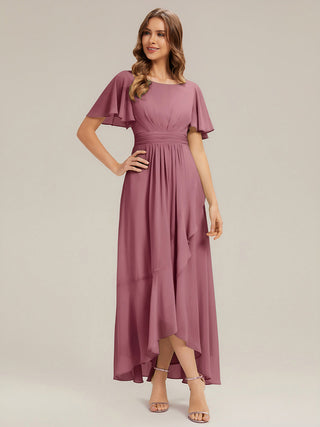 Short Sleeve Ruffle Round Neck High-Low Asymmetrical Bridesmaid Dresses