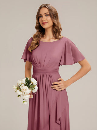 Short Sleeve Ruffle Round Neck High-Low Asymmetrical Bridesmaid Dresses
