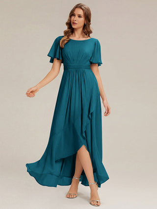 Short Sleeve Ruffle Round Neck High-Low Asymmetrical Bridesmaid Dresses