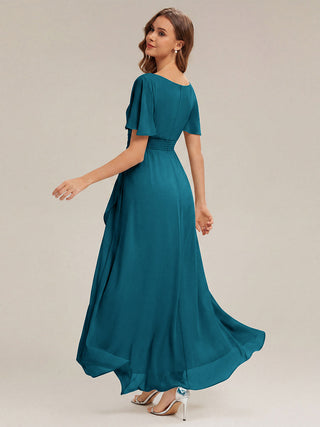 Short Sleeve Ruffle Round Neck High-Low Asymmetrical Bridesmaid Dresses
