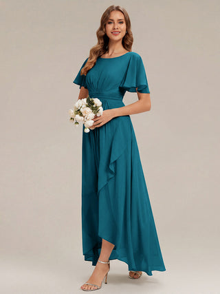 Short Sleeve Ruffle Round Neck High-Low Asymmetrical Bridesmaid Dresses