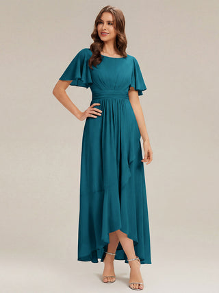 Short Sleeve Ruffle Round Neck High-Low Asymmetrical Bridesmaid Dresses