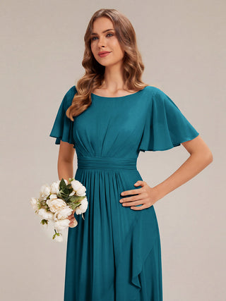 Short Sleeve Ruffle Round Neck High-Low Asymmetrical Bridesmaid Dresses