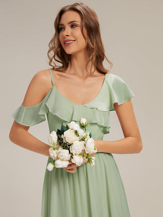 Short Sleeve Ruffle Asymmetrical A-Line Floor Length Bridesmaid Dresses