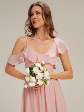 Short Sleeve Ruffle Asymmetrical A-Line Floor Length Bridesmaid Dresses