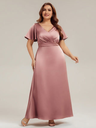 Short Sleeve Ruffle V-Neck A-Line Maxi Dress with Back Zipper Bridesmaid Dresses