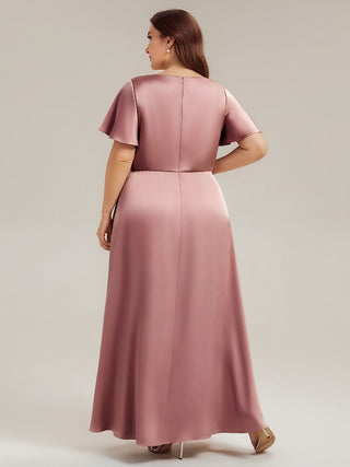 Short Sleeve Ruffle V-Neck A-Line Maxi Dress with Back Zipper Bridesmaid Dresses