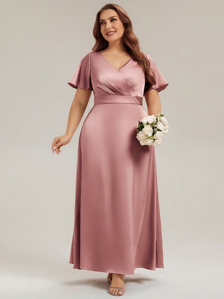 Short Sleeve Ruffle V-Neck A-Line Maxi Dress with Back Zipper Bridesmaid Dresses