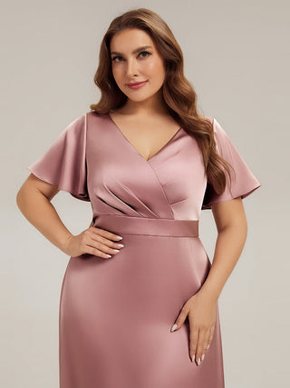 Short Sleeve Ruffle V-Neck A-Line Maxi Dress with Back Zipper Bridesmaid Dresses