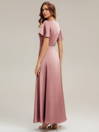 Short Sleeve Ruffle V-Neck A-Line Maxi Dress with Back Zipper Bridesmaid Dresses