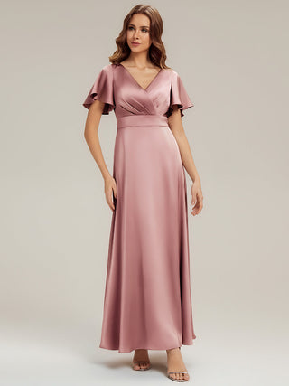 Short Sleeve Ruffle V-Neck A-Line Maxi Dress with Back Zipper Bridesmaid Dresses