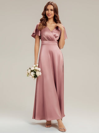 Short Sleeve Ruffle V-Neck A-Line Maxi Dress with Back Zipper Bridesmaid Dresses