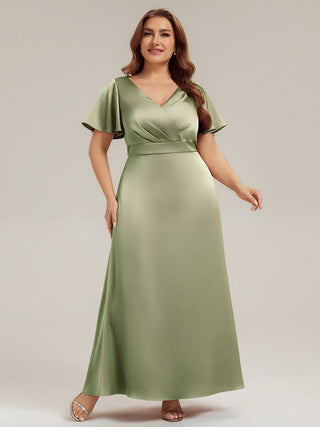 Short Sleeve Ruffle V-Neck A-Line Maxi Dress with Back Zipper Bridesmaid Dresses