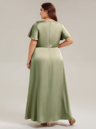 Short Sleeve Ruffle V-Neck A-Line Maxi Dress with Back Zipper Bridesmaid Dresses