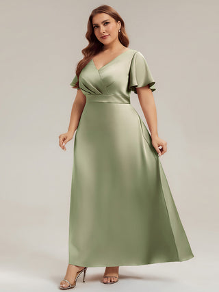 Short Sleeve Ruffle V-Neck A-Line Maxi Dress with Back Zipper Bridesmaid Dresses