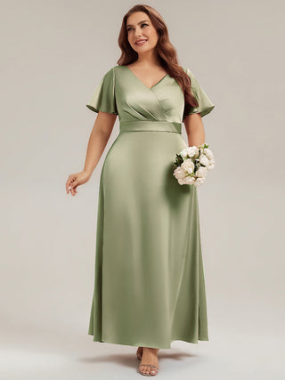 Short Sleeve Ruffle V-Neck A-Line Maxi Dress with Back Zipper Bridesmaid Dresses
