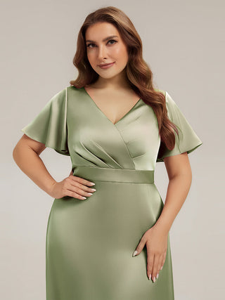 Short Sleeve Ruffle V-Neck A-Line Maxi Dress with Back Zipper Bridesmaid Dresses