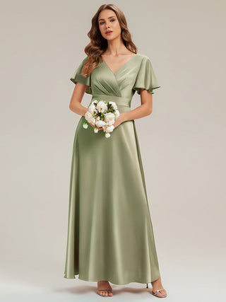 Short Sleeve Ruffle V-Neck A-Line Maxi Dress with Back Zipper Bridesmaid Dresses