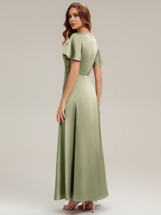 Short Sleeve Ruffle V-Neck A-Line Maxi Dress with Back Zipper Bridesmaid Dresses