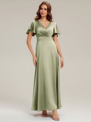 Short Sleeve Ruffle V-Neck A-Line Maxi Dress with Back Zipper Bridesmaid Dresses