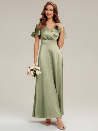 Short Sleeve Ruffle V-Neck A-Line Maxi Dress with Back Zipper Bridesmaid Dresses