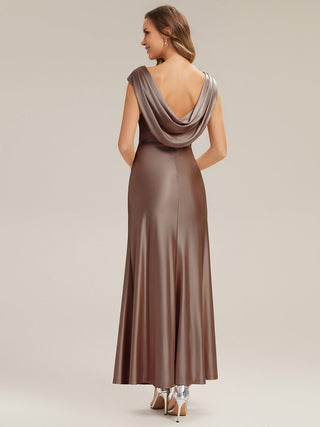 Commercial Strapless Gathered Cowl Neck High Stretch A-Line Floor Length Bridesmaid Dresses