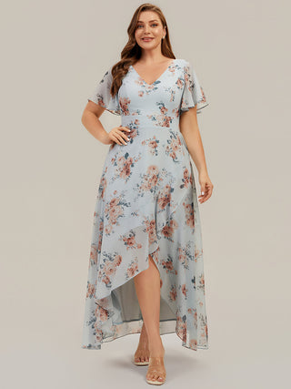 Short Sleeve Ruffled Deep V-Neck Asymmetrical High-Low Bridesmaid Dresses