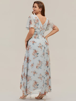 Short Sleeve Ruffled Deep V-Neck Asymmetrical High-Low Bridesmaid Dresses
