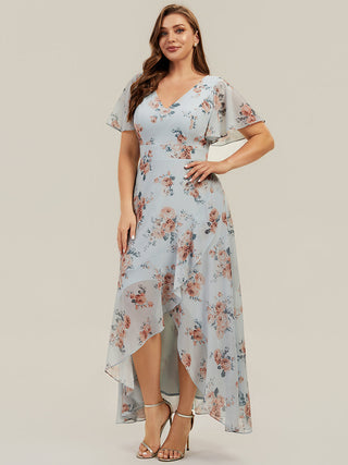 Short Sleeve Ruffled Deep V-Neck Asymmetrical High-Low Bridesmaid Dresses