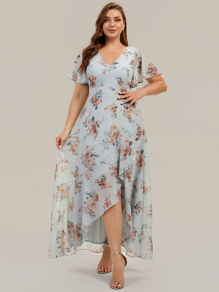 Short Sleeve Ruffled Deep V-Neck Asymmetrical High-Low Bridesmaid Dresses