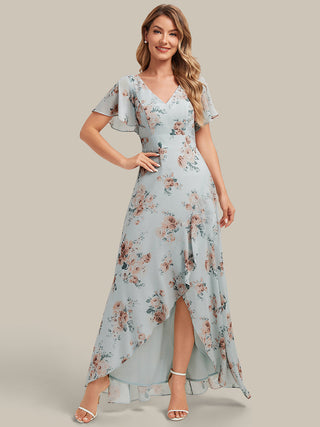 Short Sleeve Ruffled Deep V-Neck Asymmetrical High-Low Bridesmaid Dresses