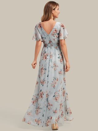 Short Sleeve Ruffled Deep V-Neck Asymmetrical High-Low Bridesmaid Dresses