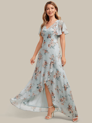 Short Sleeve Ruffled Deep V-Neck Asymmetrical High-Low Bridesmaid Dresses