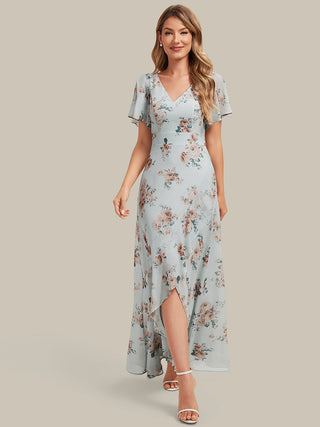 Short Sleeve Ruffled Deep V-Neck Asymmetrical High-Low Bridesmaid Dresses