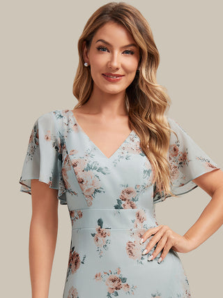 Short Sleeve Ruffled Deep V-Neck Asymmetrical High-Low Bridesmaid Dresses