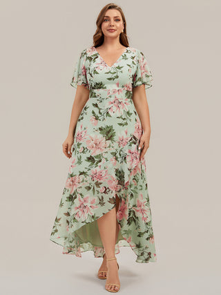 Short Sleeve Ruffled Deep V-Neck Asymmetrical High-Low Bridesmaid Dresses