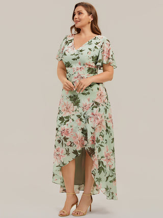 Short Sleeve Ruffled Deep V-Neck Asymmetrical High-Low Bridesmaid Dresses