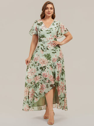 Short Sleeve Ruffled Deep V-Neck Asymmetrical High-Low Bridesmaid Dresses