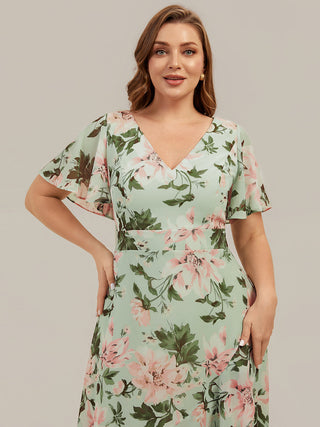 Short Sleeve Ruffled Deep V-Neck Asymmetrical High-Low Bridesmaid Dresses