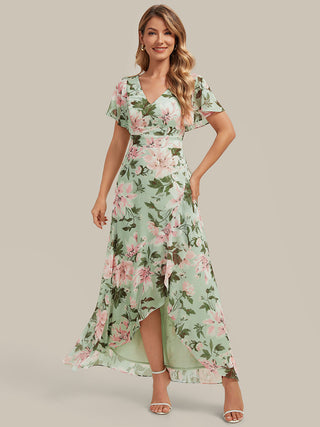 Short Sleeve Ruffled Deep V-Neck Asymmetrical High-Low Bridesmaid Dresses