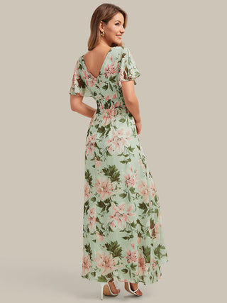 Short Sleeve Ruffled Deep V-Neck Asymmetrical High-Low Bridesmaid Dresses