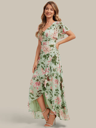 Short Sleeve Ruffled Deep V-Neck Asymmetrical High-Low Bridesmaid Dresses