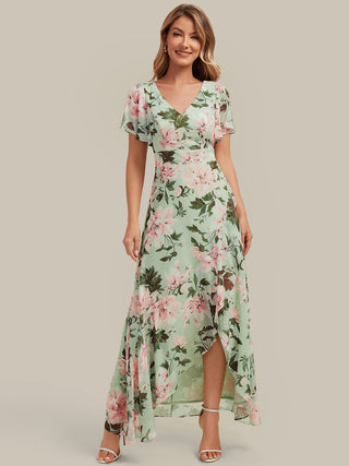 Short Sleeve Ruffled Deep V-Neck Asymmetrical High-Low Bridesmaid Dresses