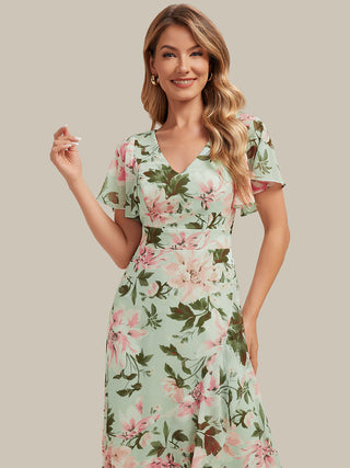 Short Sleeve Ruffled Deep V-Neck Asymmetrical High-Low Bridesmaid Dresses
