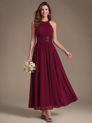 Corset Sash Halter Chiffon A-Line Maxi Bridesmaid Dress