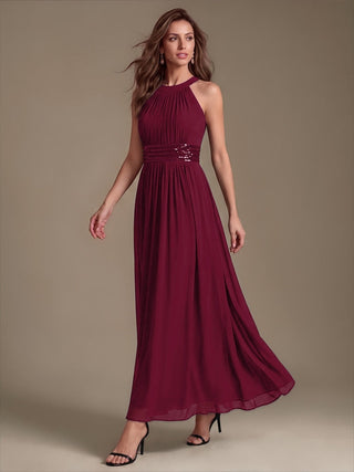 Corset Sash Halter Chiffon A-Line Maxi Bridesmaid Dress