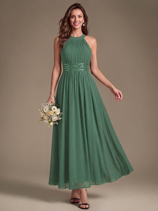 Corset Sash Halter Chiffon A-Line Maxi Bridesmaid Dress