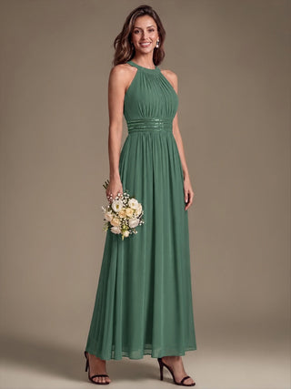 Corset Sash Halter Chiffon A-Line Maxi Bridesmaid Dress