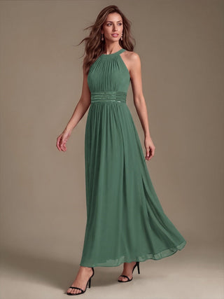 Corset Sash Halter Chiffon A-Line Maxi Bridesmaid Dress